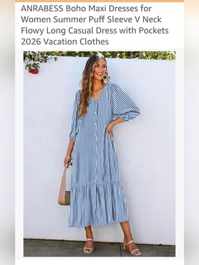 *NWT*Striped Blue & White V-Neck Midi Dress with Button Front